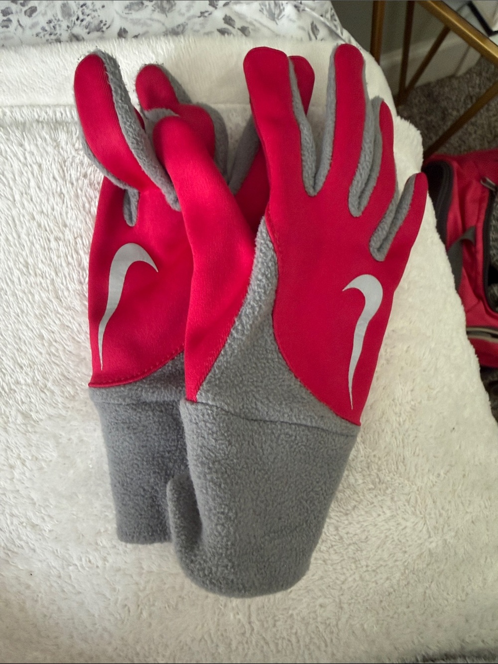 Nike Kids Pink and Gray Fleece Grip Mittens